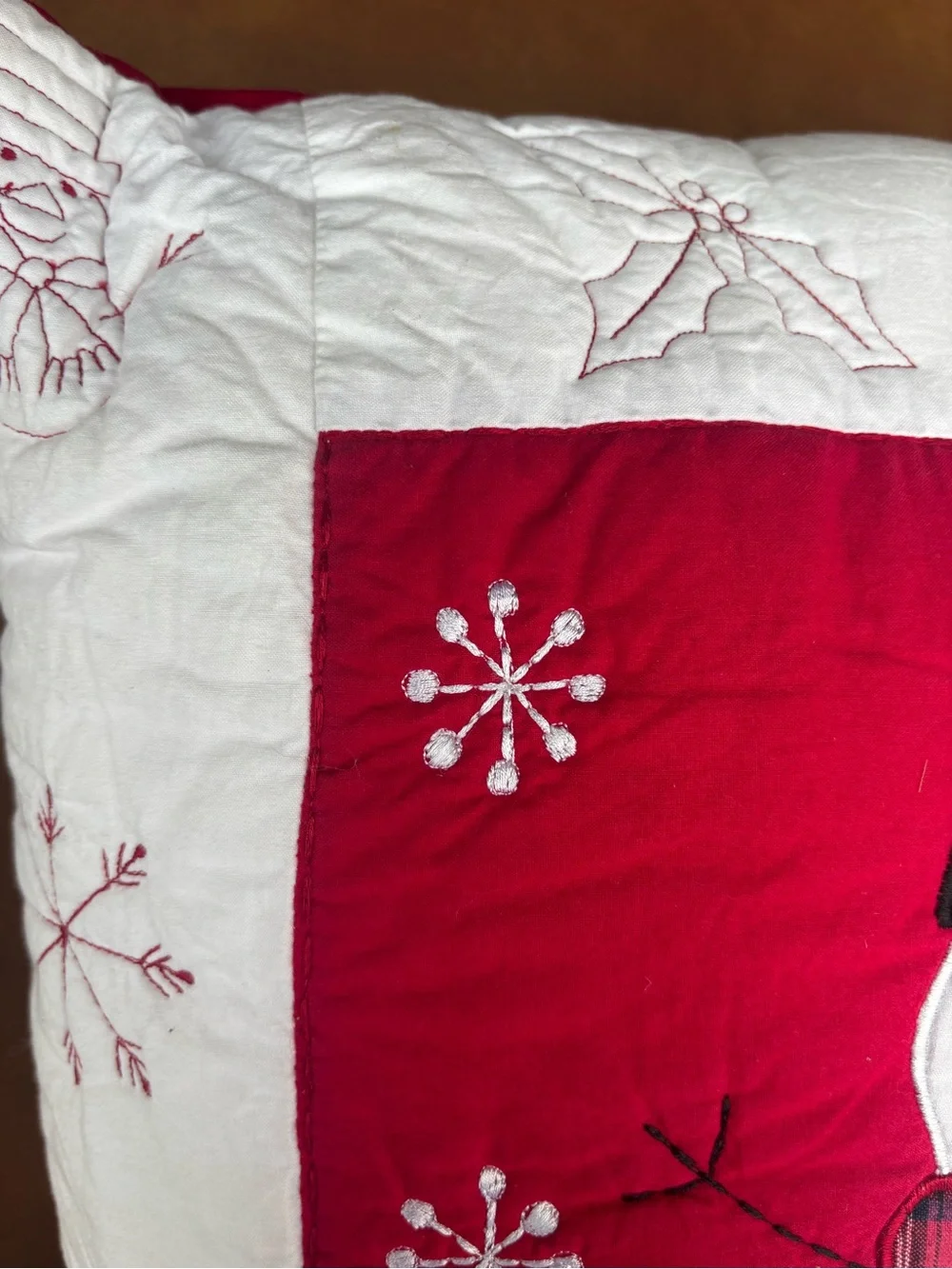 Festive Snowman Holiday Throw Pillow - Red and White quilt vintage